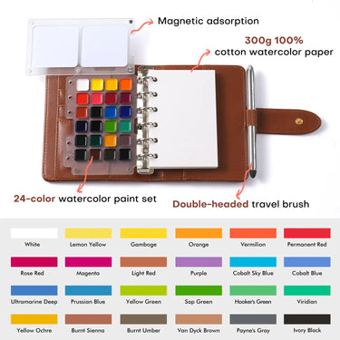Fuumuui Watercolor Travel Sketchbook Set – Dual-Tip Travel Brush, Paints and 100% Cotton Paper with PU Leather Cover(Medium)