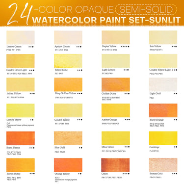 Color chart listing 24 opaque semi-solid watercolors in the warm Sunlit Yellow palette set.