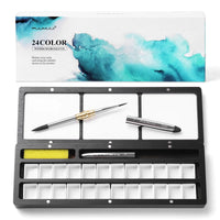 Fuumuui 24 Half Pan Black Wooden Watercolor Palette Box – Empty Travel Set with Mixing Lid & Dual-Tip Brush