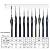 Fuumuui 10pcs Professional Nylon Detail Brushes size chart with hair length, hair width, handle, and overall dimensions for each brush.