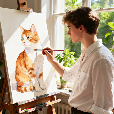 Artist using a Fuumuui dual-layer synthetic flat grainer brush from the 5-piece set to paint a detailed orange cat portrait with watercolor and acrylic paints.