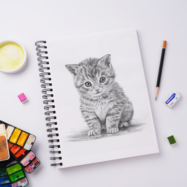 Fuumuui Mixed Media Skizzenbuch A4, spiralgebunden, mit einer detaillierten Bleistiftzeichnung eines flauschigen Kätzchens auf seinem Mixed-Media-Papier. Umgebendes Fuumuui-Künstlermaterial wie Aquarellfarben, ein Bleistift und ein Radiergummi unterstreichen seine Vielseitigkeit für Künstler.