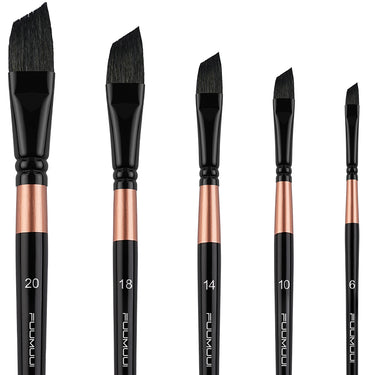 Fuumuui 5-teiliges Set professioneller Aquarellpinsel mit abgewinkelten Spitzen, schwarzen Griffen und Kupferzwingen, Größen 20, 18, 14, 10, 6.