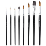 Fuumuui 6pcs professional watercolor brushes, featuring round pointed and flat tips for artists.
