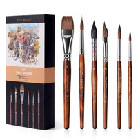 Fuumuui Tang Weider Watercolor Brush Set with squirrel hair and natural bristles. 6-piece professional artist kit featuring flat 3/4 and round sizes 10, 4, 3/8, 8, and 6 for watercolor painting and gouache.