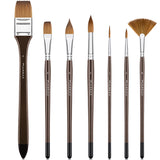 Fuumuui 7pcs professional watercolor brush set featuring flat, angle, round, fan, and detail shapes, with dark brown handles and light brown synthetic bristles.
