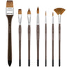 Fuumuui 7pcs professional watercolor brush set featuring flat, angle, round, fan, and detail shapes, with dark brown handles and light brown synthetic bristles.