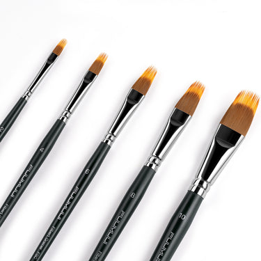 FUUMUUI 5-piece dual-layer synthetic filbert grainer brush set for watercolor & acrylic, showcasing various sizes (2, 4, 6, 8, 10) with dark handles and textured synthetic bristles.