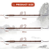 Fuumuui professional calligraphy brush size guide showing three bamboo section brushes (#1, #2, #3) with detailed measurements for tip width, brush length, and total length, suitable for watercolor.