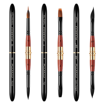 Fuumuui 3pcs Dual-Tip Synthetic Travel Watercolor Brush Set, showcasing 6 shapes: extended point, round, feather flat, flat, dagger, and cat's tongue tips for versatile watercolor and gouache art supplies.