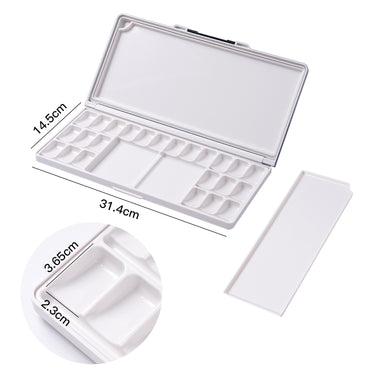 Palette de peinture en plastique hermétique Fuumuui Art Supplies avec couvercle, 24 godets pour aquarelle et acrylique, présentée ouverte avec des zones de mélange et des dimensions.
