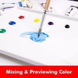 Palette de plateau en céramique Fuumuui avec un pinceau mélangeant de la peinture bleue vibrante, entourée de gouttes de rouge, jaune, vert, violet et noir pour le mélange et la prévisualisation des couleurs.