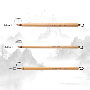 Fuumuui 3-piece watercolor brush set showcasing natural weasel & rabbit hair blend short tips for precision and control, with visible brush tip dimensions (23mm, 20mm, 18mm).