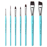 Fuumuui 7pcs professional face and acrylic painting brush set with teal handles. Includes detail, liner, cat's tongue, round, flat, and angle brushes for artists.
