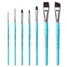 Fuumuui 7pcs professional face and acrylic painting brush set with teal handles. Includes detail, liner, cat's tongue, round, flat, and angle brushes for artists.