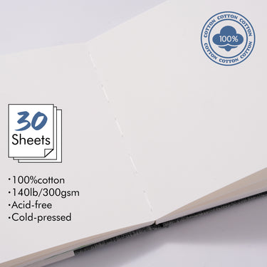 Fuumuui Watercolor Book 7.6x7.6 cold-press 100% cotton with 30 acid-free 140lb/300gsm sheets, Fuumuui Art Supplies.