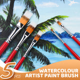 Fuumuui 5 Size Long Flat Brush Set Round Pointed Nylon Hair Wood Handle Oil Painting Acrylic Paint Brushes