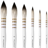 Fuumuui 6pcs professional watercolor brushes set with round pointed natural bristles fading from white to black, white handles, and gold bands, in assorted sizes 2, 4, 6, 8, 10, 12.