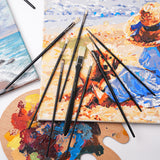 Fuumuui 10pcs professional brush set for acrylic and oil painting, featuring various sizes and shapes, displayed on vibrant canvases and a colorful paint palette.