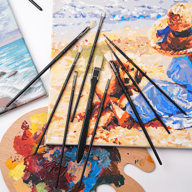 Fuumuui 10pcs professional brush set for acrylic and oil painting, featuring various sizes and shapes, displayed on vibrant canvases and a colorful paint palette.