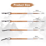 Fuumuui Fournitures d'art Ensemble de 4 pinceaux à pointe longue en poils d'animaux pour aquarelle et calligraphie avec manches en bambou, montrant les tailles de pinceaux détaillées : #4 (40 mm de longueur, 4 mm de largeur), #3 (37 mm de longueur, 3,5 mm de largeur), #2 (33 mm de longueur, 3,3 mm de largeur), #1 (30 mm de longueur, 2,9 mm de largeur).