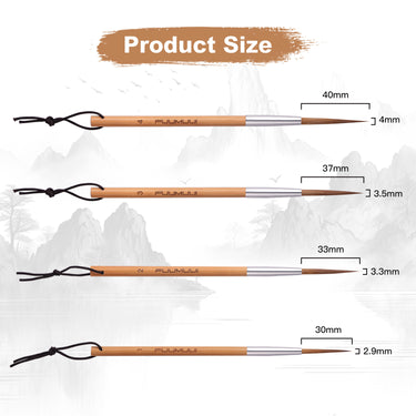Fuumuui Fournitures d'art Ensemble de 4 pinceaux à pointe longue en poils d'animaux pour aquarelle et calligraphie avec manches en bambou, montrant les tailles de pinceaux détaillées : #4 (40 mm de longueur, 4 mm de largeur), #3 (37 mm de longueur, 3,5 mm de largeur), #2 (33 mm de longueur, 3,3 mm de largeur), #1 (30 mm de longueur, 2,9 mm de largeur).