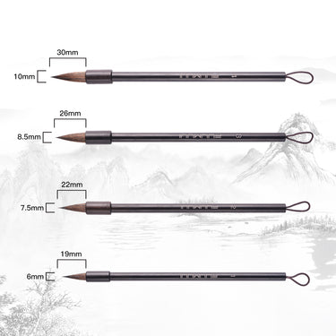 Fuumuui squirrel hair calligraphy brushes set of 4, displaying detailed tip dimensions and featuring hand-polished rosewood handles with a flat-end hanging design.