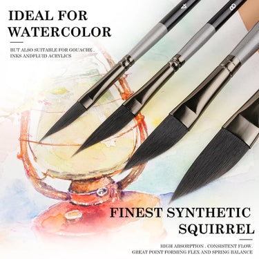Fuumuui 4pcs professional nylon hair synthetic squirrel watercolor brushes, ideal for watercolor, gouache, inks, and fluid acrylics with high absorption and consistent flow.