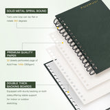 Fuumuui Watercolor Sketchbook showing its construction: solid metal spiral binding for 360-degree rotation, premium 100% cotton 140lb (300gsm) acid-free perforated paper sheets, and double-thick sturdy backing boards, a quality Fuumuui art supply.