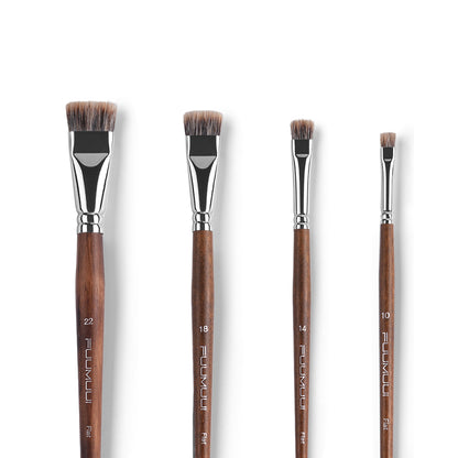 FUUMUUI 4pcs Badger Hair Flat Brush Set | Brown Wooden Handle for Acrylic & Oil Painting
