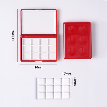 Boîte de palette de peinture aquarelle portable en plastique rouge Fuumuui Art Supplies avec couvercle, comprenant 15 godets vides.