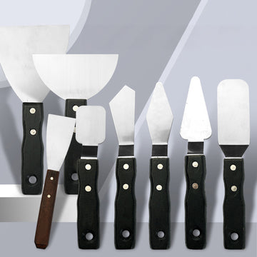 Fuumuui Art Supplies 8-piece stainless steel palette knife set, showcasing various painting knives and paint spatulas with black and one wood handle for oil and acrylic paints.