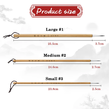 Fuumuui Chinese Calligraphy Wolf Sheep Mix Brushes size chart, displaying dimensions for large (25.5cm total, 3.7cm tip), medium (24.6cm total, 2.7cm tip), and small (23.8cm total, 2.5cm tip) brush sizes.