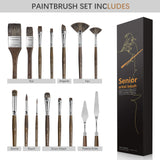 Fuumuui Art Supplies 15-piece professional oil paint brush set featuring natural badger hair brushes and two palette knives. Includes flat, angular, fan, dome, round, and short filbert shapes, ideal for canvas and acrylic painting, displayed with its elegant black product box.