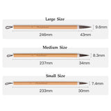 Fuumuui professional calligraphy brushes size guide, featuring handmade high quality animal hair brushes in large, medium, and small sizes with detailed dimensions for total length, brush head length, and diameter.