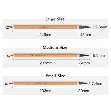 Fuumuui professional calligraphy brushes size guide, featuring handmade high quality animal hair brushes in large, medium, and small sizes with detailed dimensions for total length, brush head length, and diameter.