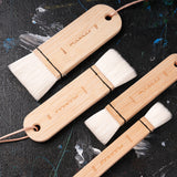 Fuumuui 4pcs wool watercolor brushes, extra soft, high absorption, perfect for washes, backgrounds, and large area painting. Set includes 20mm, 30mm, 40mm, 50mm brushes with natural bamboo handles.