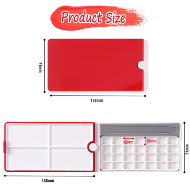 Palette d'aquarelle de voyage Fuumuui à 28 godets montrant les dimensions compactes de 138x71 mm lorsqu'elle est fermée avec un couvercle rouge, et ouverte avec 28 godets d'aquarelle individuels de 15x10 mm, des plateaux de mélange et une fente pour pinceau pour les fournitures d'art.