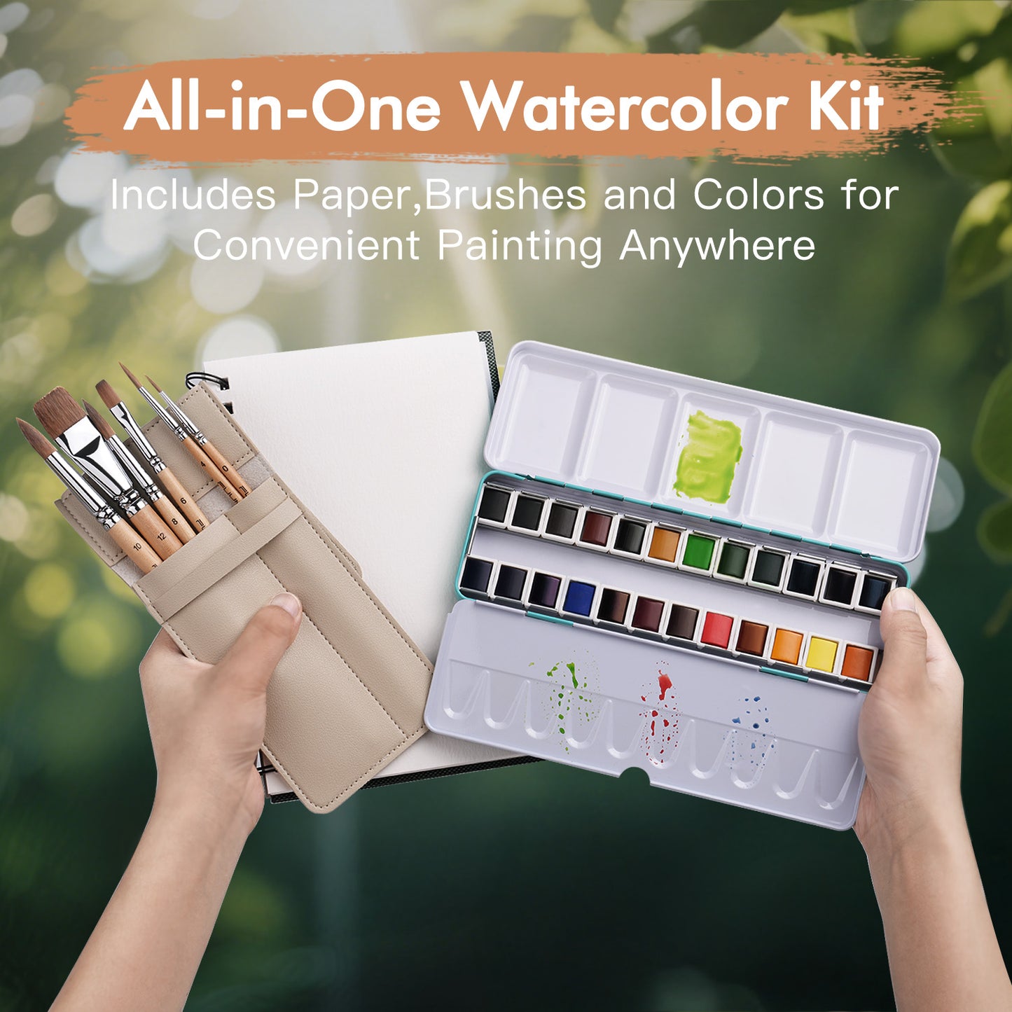 Fuumuui Portable Watercolor Travel Set – 24 Colors Palette, Watercolor Pad & Brush Kit