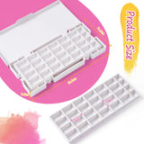 Boîte de palette de peinture hermétique Fuumuui avec 28 godets vides, couvercle et plateaux de mélange, montrant clairement les dimensions du produit pour les fournitures d'art d'aquarelle, de gouache et d'acrylique Fuumuui.