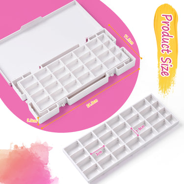 Boîte de palette de peinture hermétique Fuumuui avec 28 godets vides, couvercle et plateaux de mélange, montrant clairement les dimensions du produit pour les fournitures d'art d'aquarelle, de gouache et d'acrylique Fuumuui.