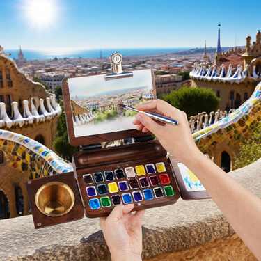 Fuumuui Art Supplies artist using a small silver dual-tip travel watercolor brush with premium synthetic squirrel hair from a portable watercolor palette, painting a picturesque cityscape outdoors.