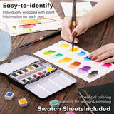 Fuumuui Travel Watercolor Set-12 Watercolors with Travel Watercolor Brush and Palette. Artist's hands swatch vibrant colors from the portable Fuumuui art supplies kit, showcasing individually wrapped pans and included swatch sheets.