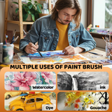 Pennelli per acquerello professionali Fuumuui 6 pezzi con pelo di scoiattolo mostrati con un artista che dipinge, dimostrando versatilit¨¤ per acquerello, inchiostro, tintura e gouache.