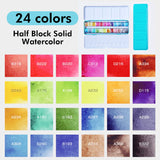 Fuumuui 24-Farben-Aquarellfarben-Set mit lebendigen, halbfesten Aquarellfarben und dem geöffneten Malkasten mit Palette.