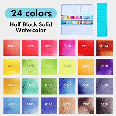 Fuumuui 24-Farben-Aquarellfarben-Set mit lebendigen, halbfesten Aquarellfarben und dem geöffneten Malkasten mit Palette.