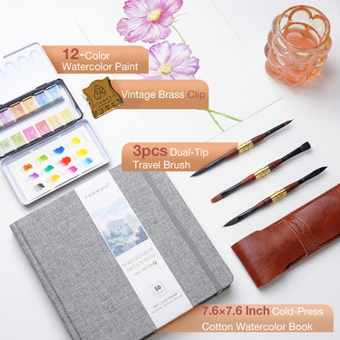 Ensemble Cadeau 4-en-1 de Haute Qualité : 3 Pinceaux à Double Pointe, 12 Peintures Aquarelles, Carnet de Croquis & Clip en Laiton Vintage – Un Cadeau de Peinture Créatif