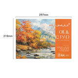 Fuumuui Acrylic and Oil Painting Pad A4, 20 sheets, featuring 100% cellulose textured paper, ideal for students, beginners, and professional artists.