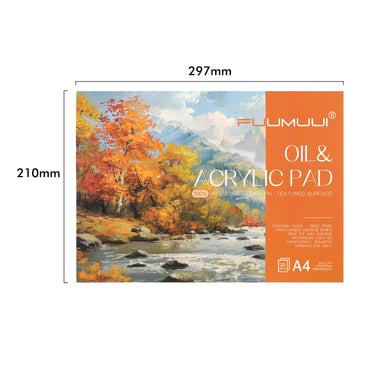 Fuumuui Acrylic and Oil Painting Pad A4, 20 sheets, featuring 100% cellulose textured paper, ideal for students, beginners, and professional artists.