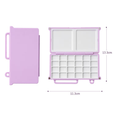 Mini palette de mélange d'aquarelle Fuumuui, fournitures d'art portables violettes avec 24 godets et plateaux de mélange doubles, montrée ouverte et fermée.